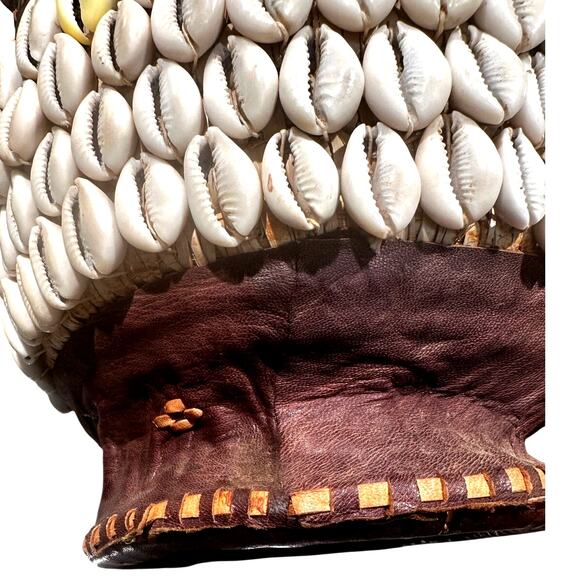 Antique African Tribal Art Hausa Cowrie Shell Hand Basket 8" Leather Handle Trim - Picture 5 of 12